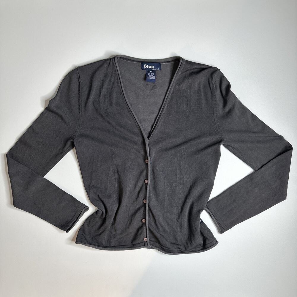 VTG Bisou Bisou Jeans Women’s Satin Gray Tight Knit VNeck Cardigan Button Up M